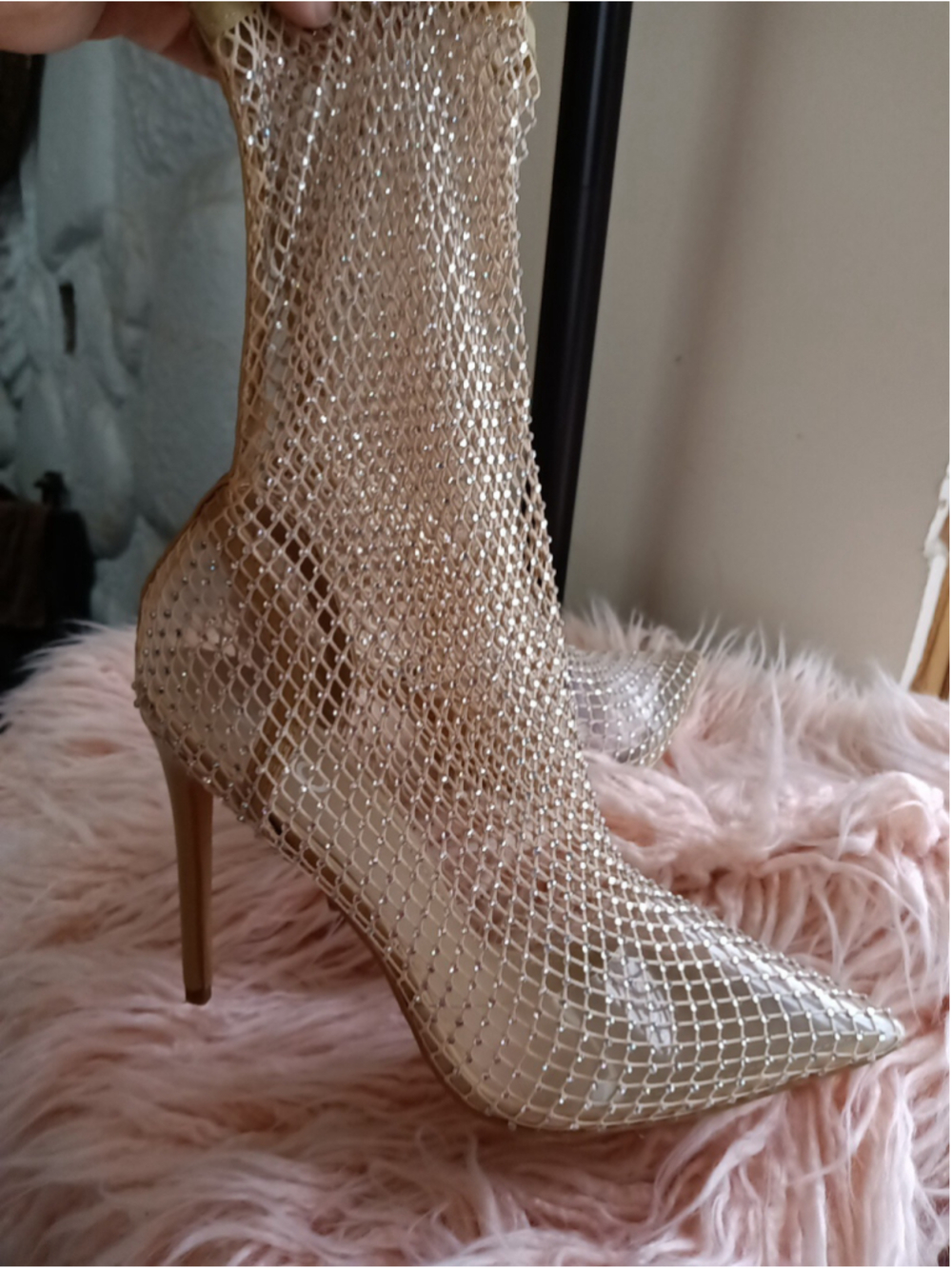 Women's closed Toe Stiletto Heels fishnet bootie rhinestones Vakili by EGO bling